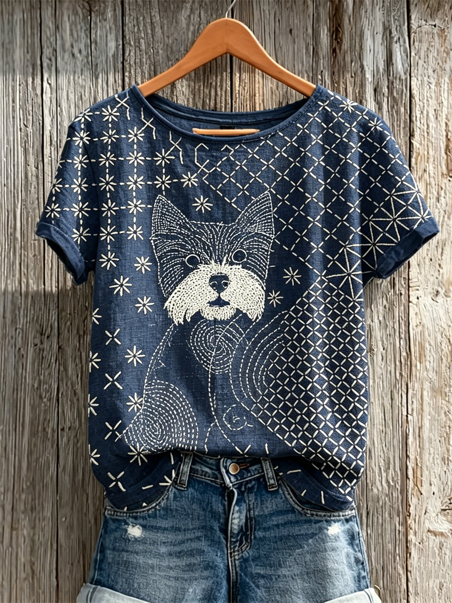 Women's YorkshireTerrier Dog Japanese Sashiko Art Print linen short-sleeved T-shirt