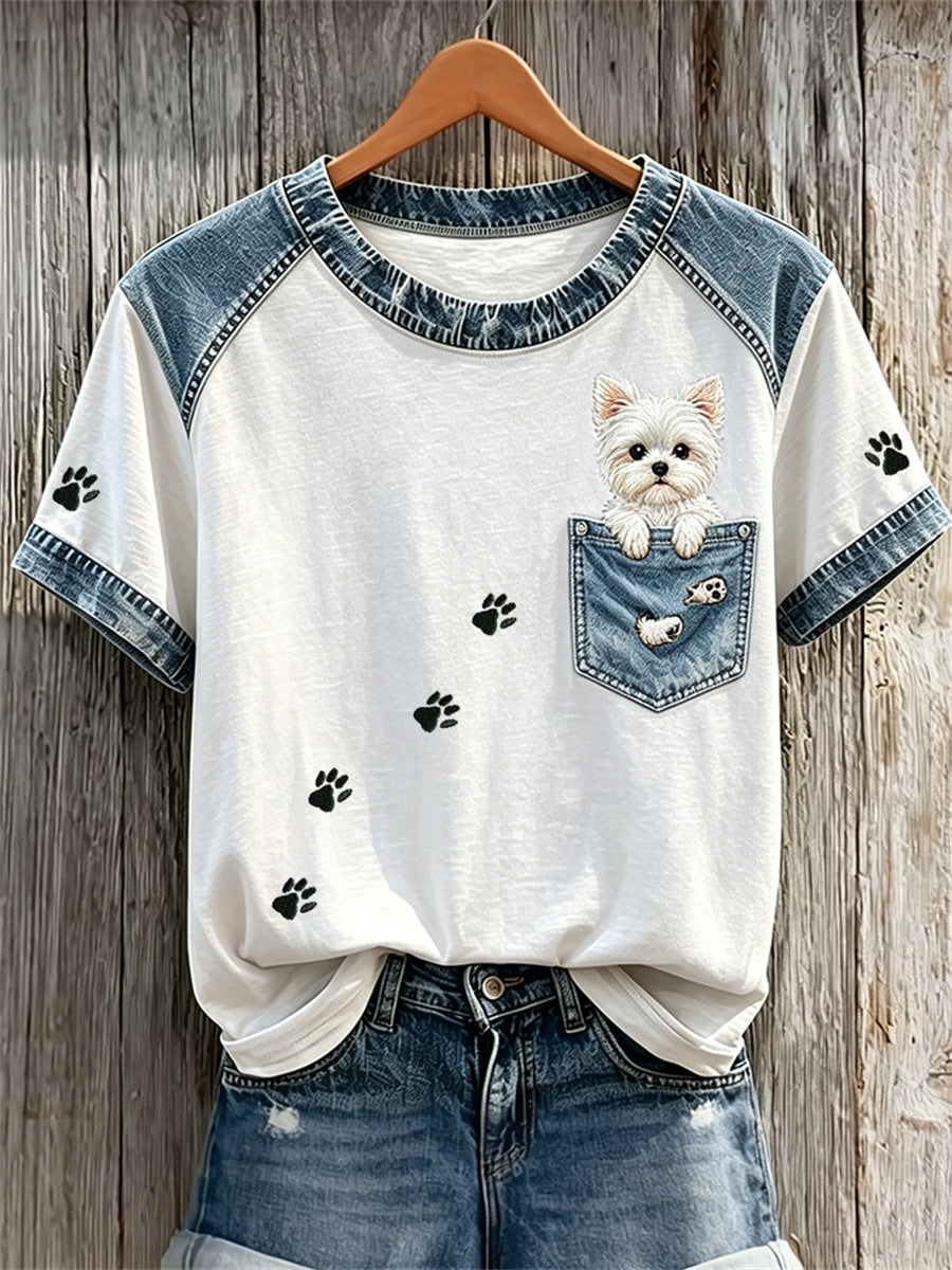 Women's Lovely Maltese Dog Fake Pocket & Paw Prints Denim Patchwork Print T-shirts