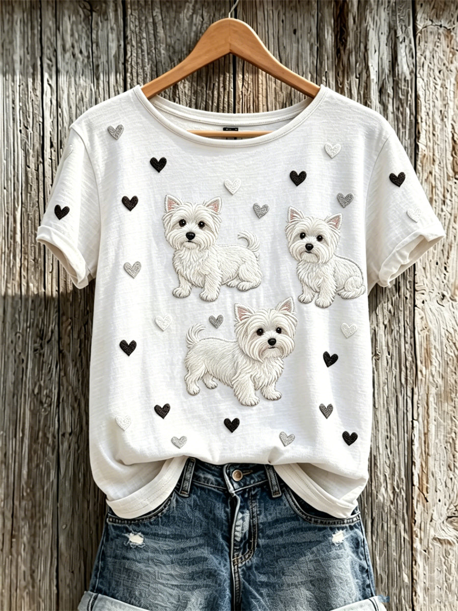 Women's Fuzzy White Scottish Terrier Dogs & Hearts Pattern Print short-sleeved T-shirt
