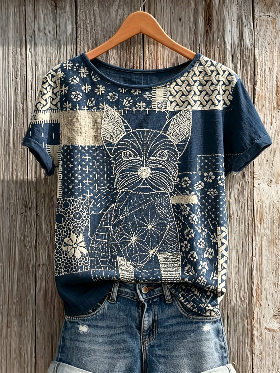 Women's YorkshireTerrier Dog Japanese Sashiko Art Print linen short-sleeved T-shirt