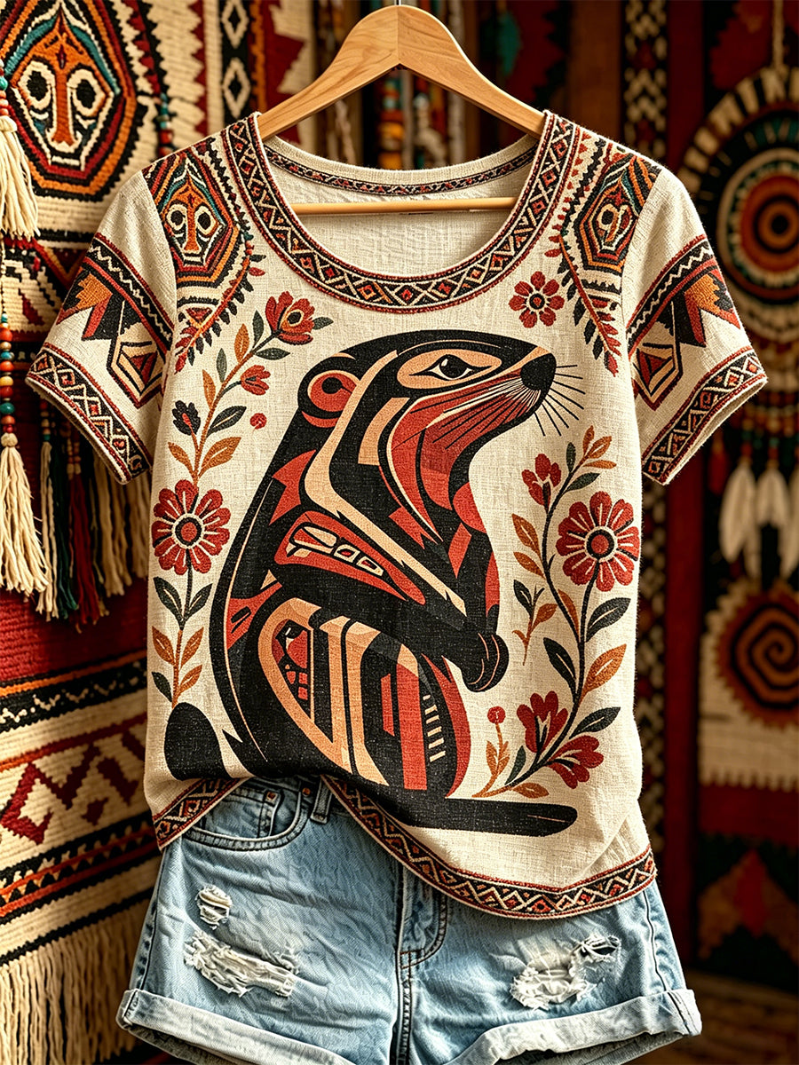 Women's Casual T-Shirt with North American Indigenous Animal Totem Design