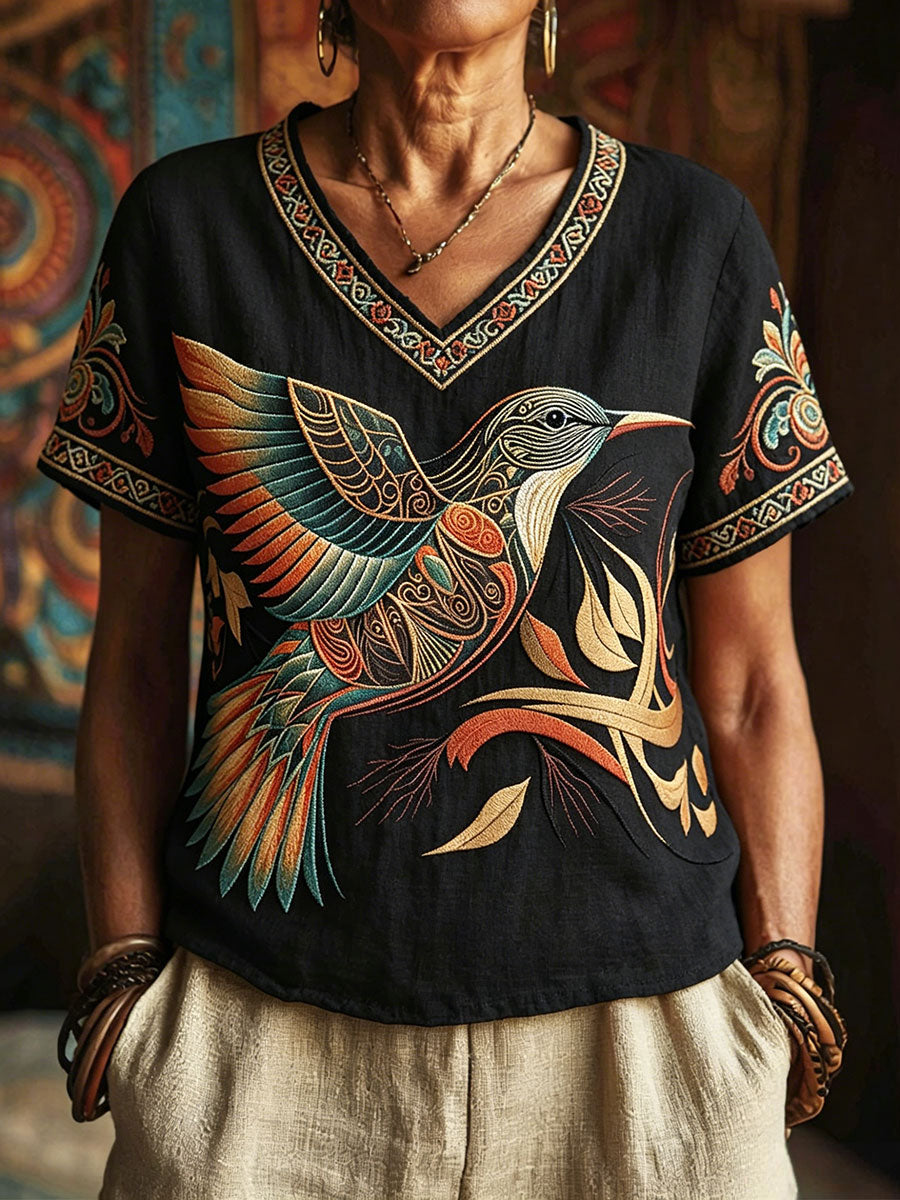Women's Native Hummingbird Art V-Neck Tops