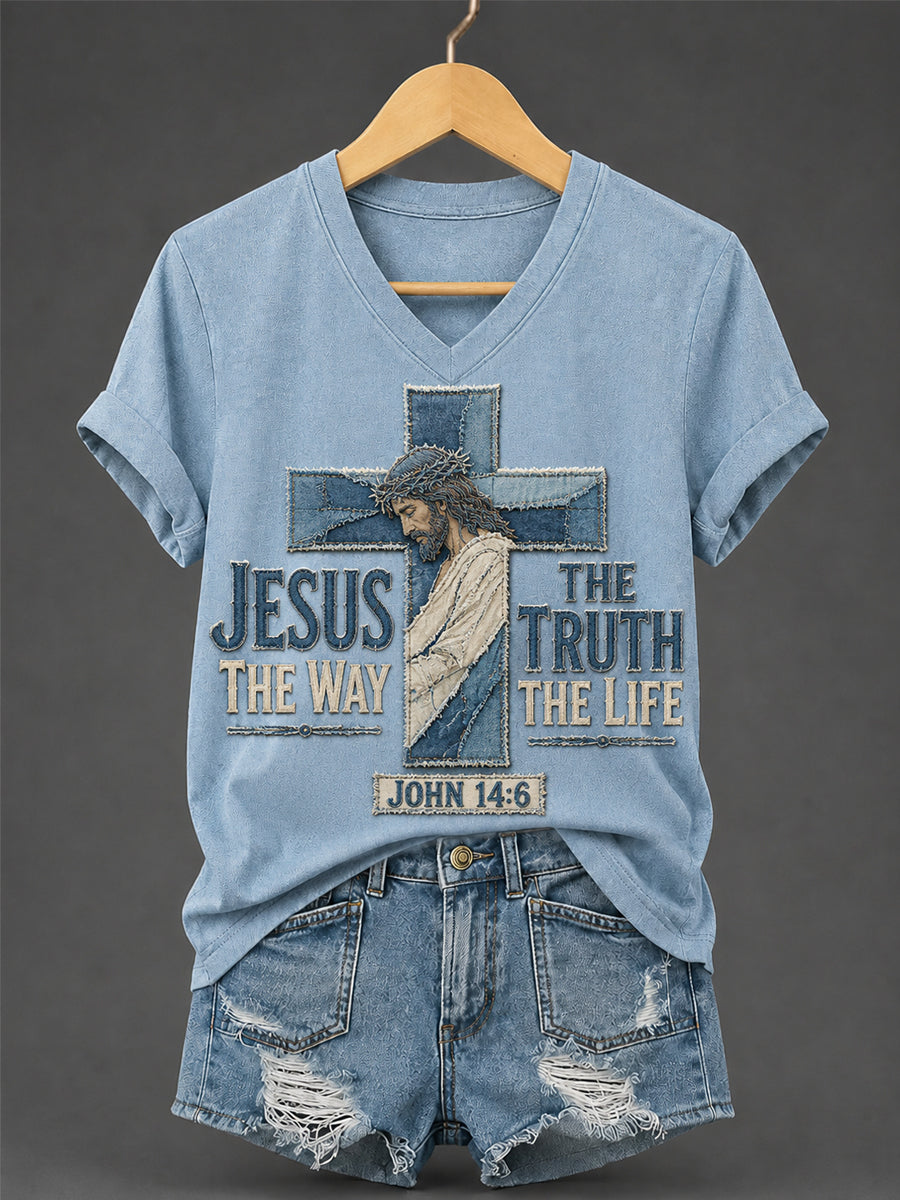Women's Jesus The Way The Truth The Life Print Casual V-Neck Tee