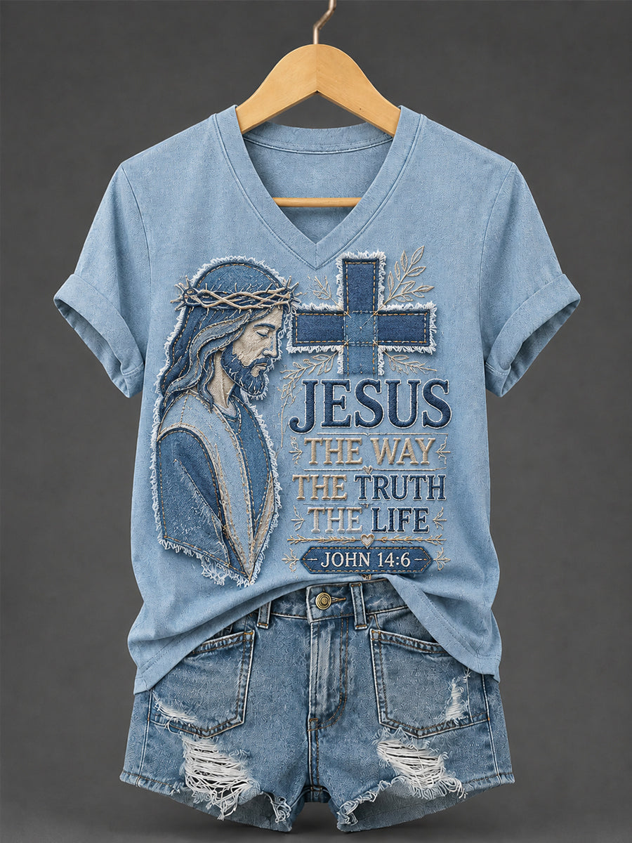 Women's Jesus The Way The Truth The Life Print Casual V-Neck Tee
