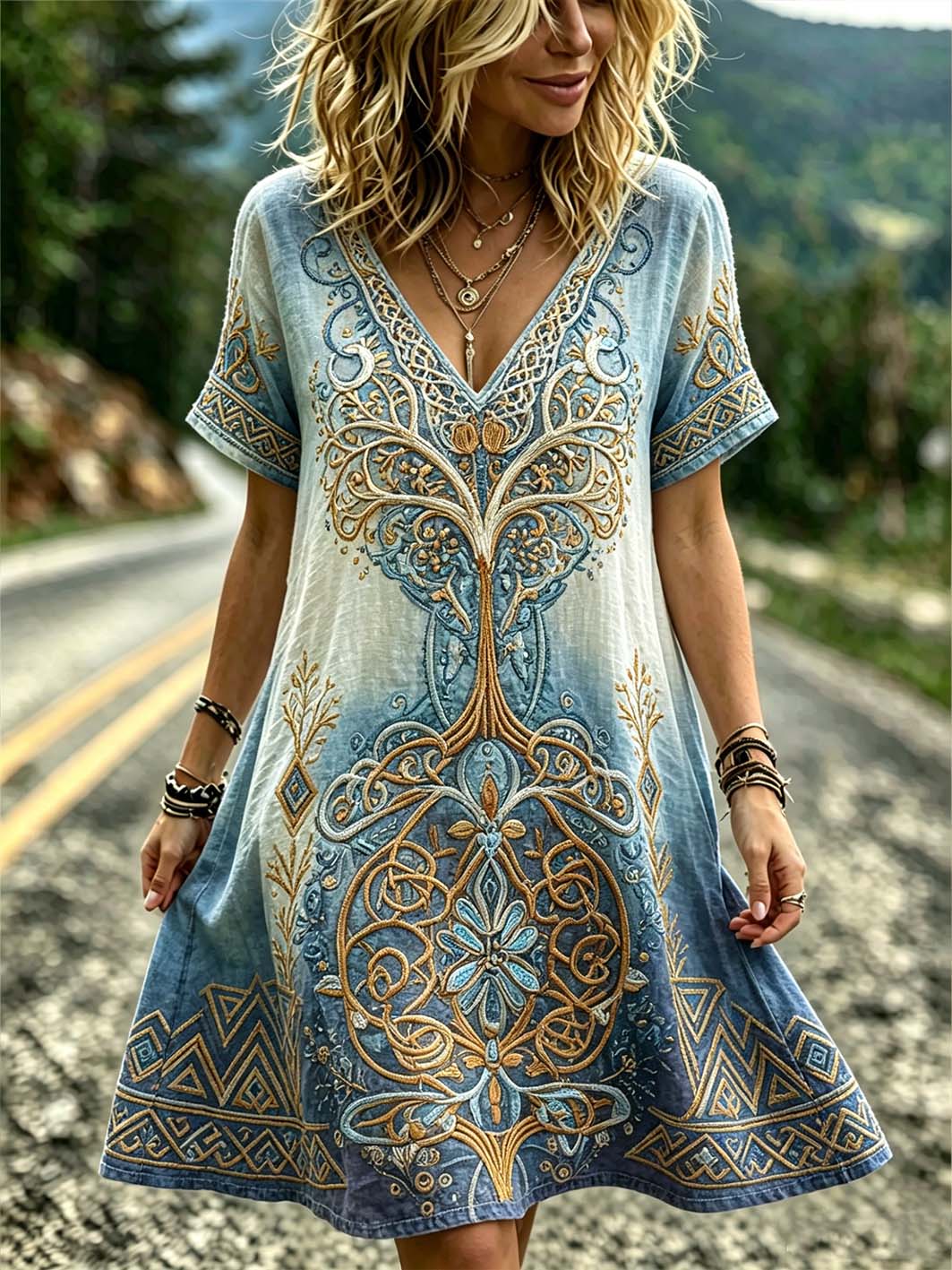 Women's Retro Nordic Mythology Viking Pattern Printed Short Sleeve Dresses