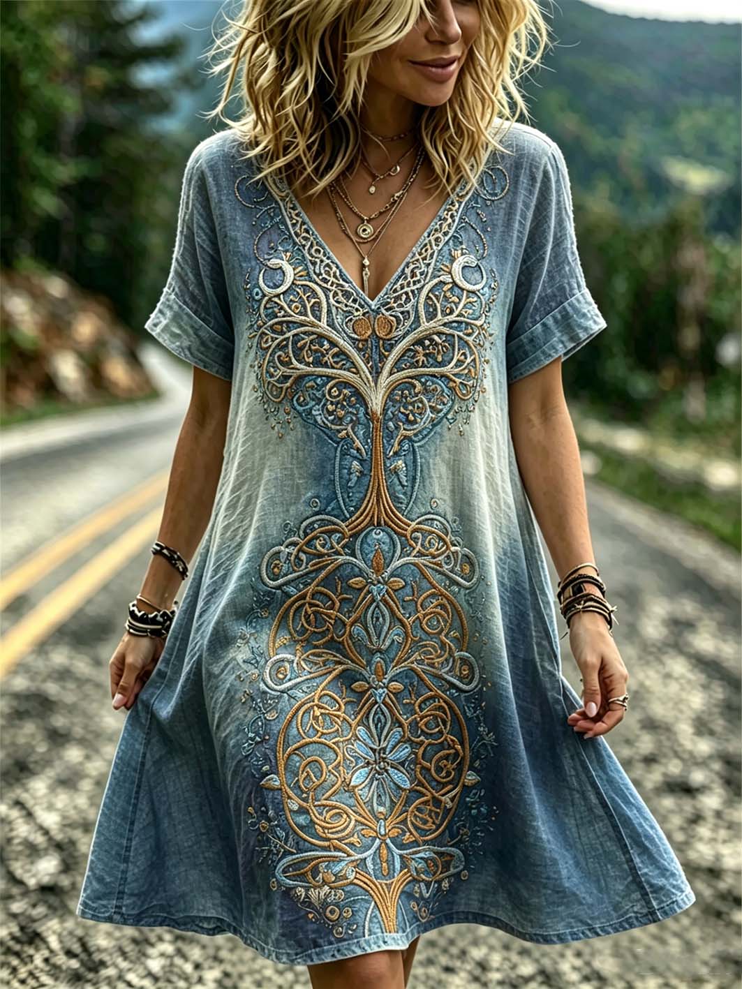 Women's Retro Nordic Mythology Viking Pattern Printed Short Sleeve Dresses