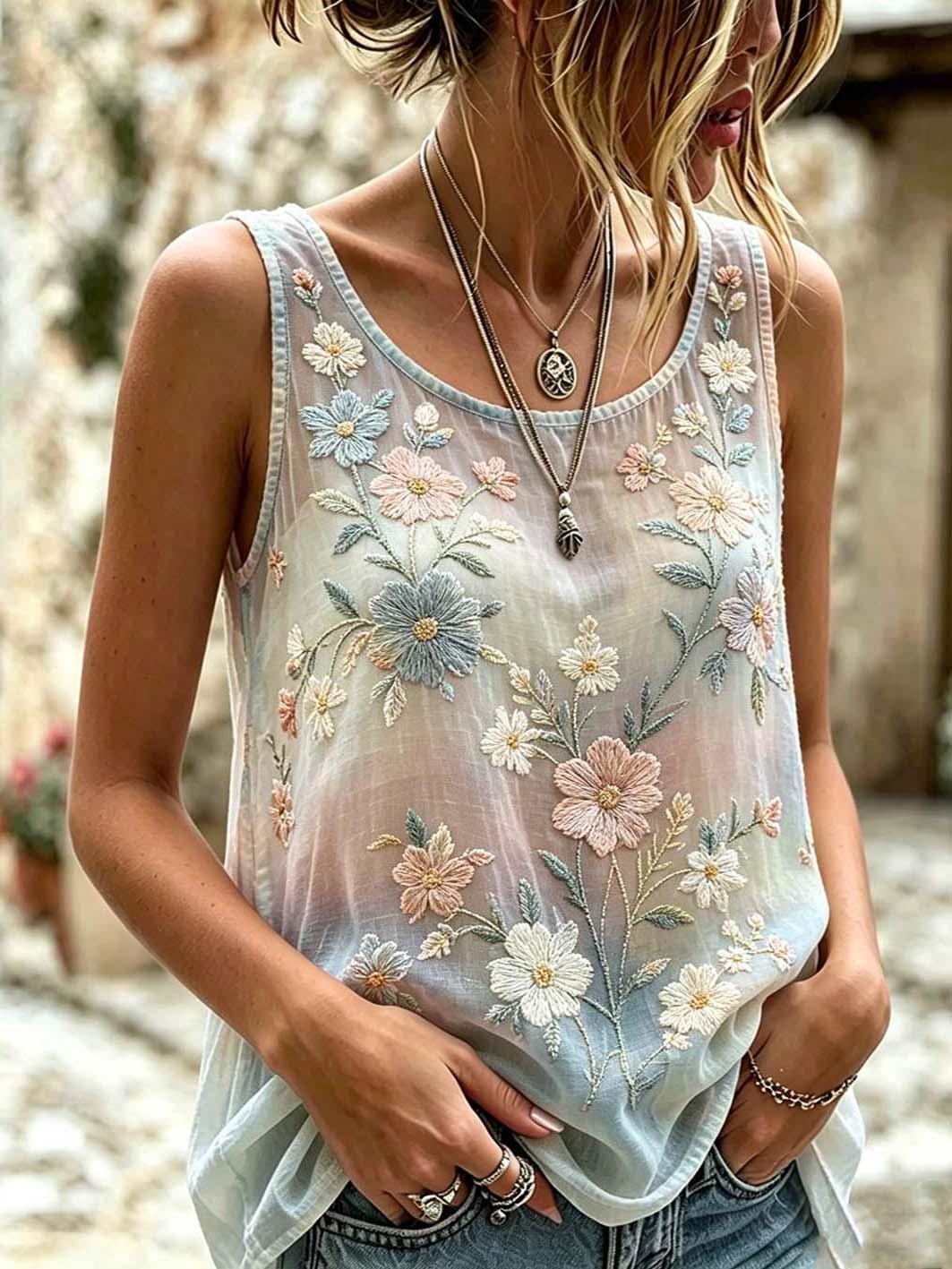 Women's flower pattern printed casual cotton and linen vest
