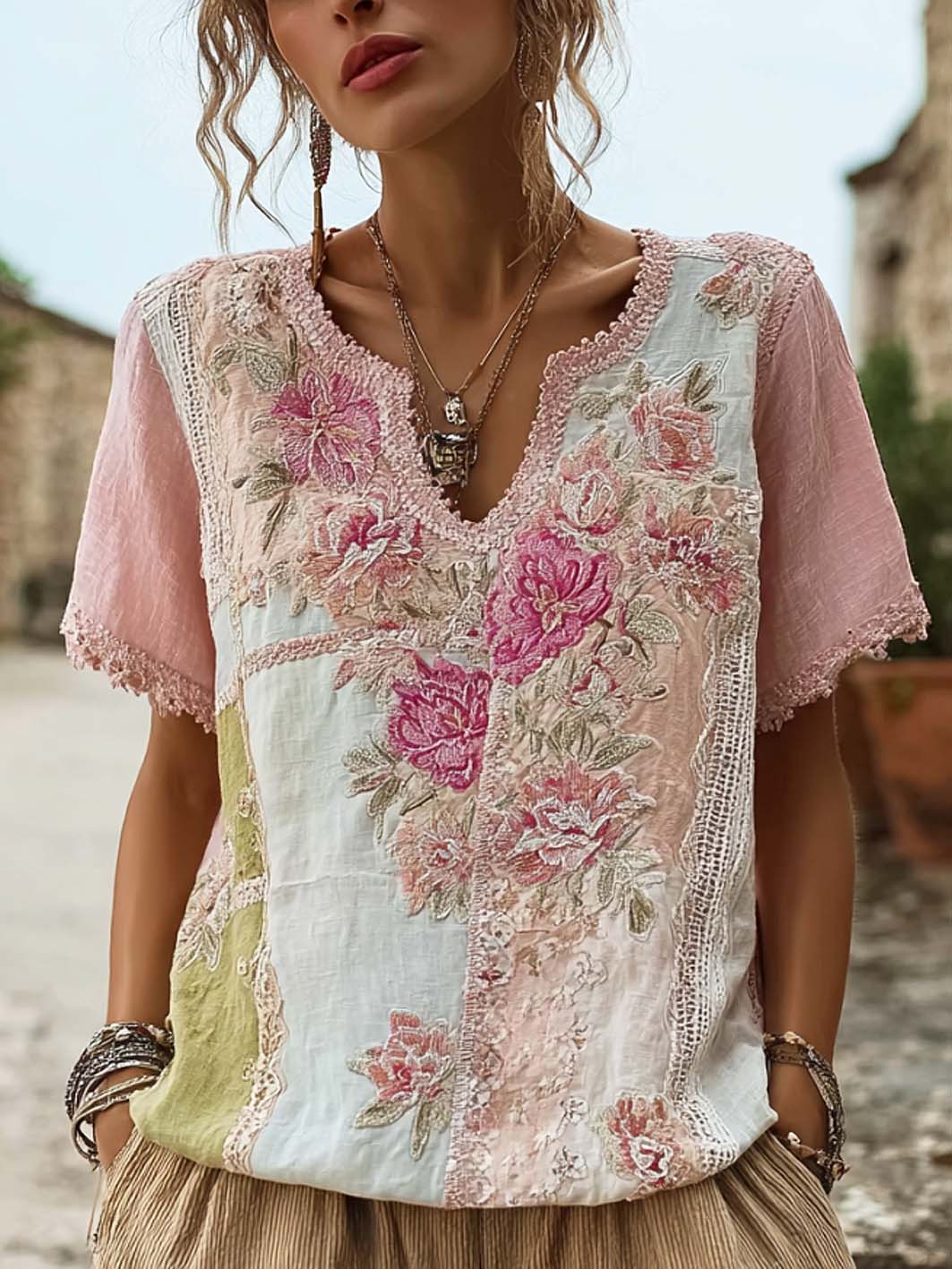 Women's retro pink floral pattern printed cotton and linen T-shirt