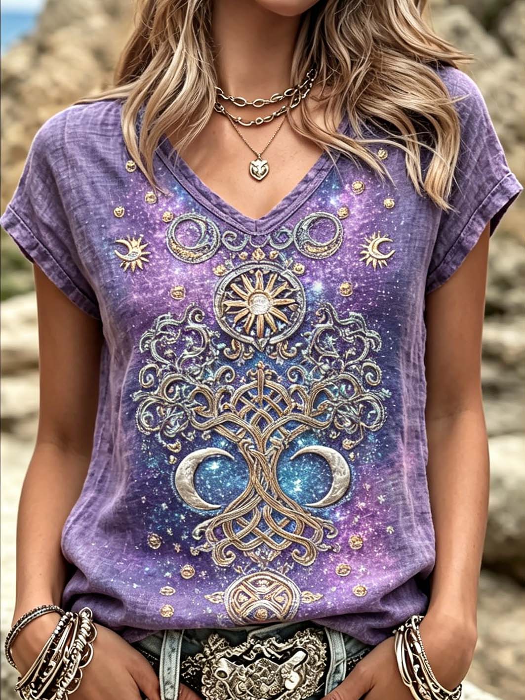 Women's retro Nordic mythology Viking pattern printed linen short-sleeved T-shirt