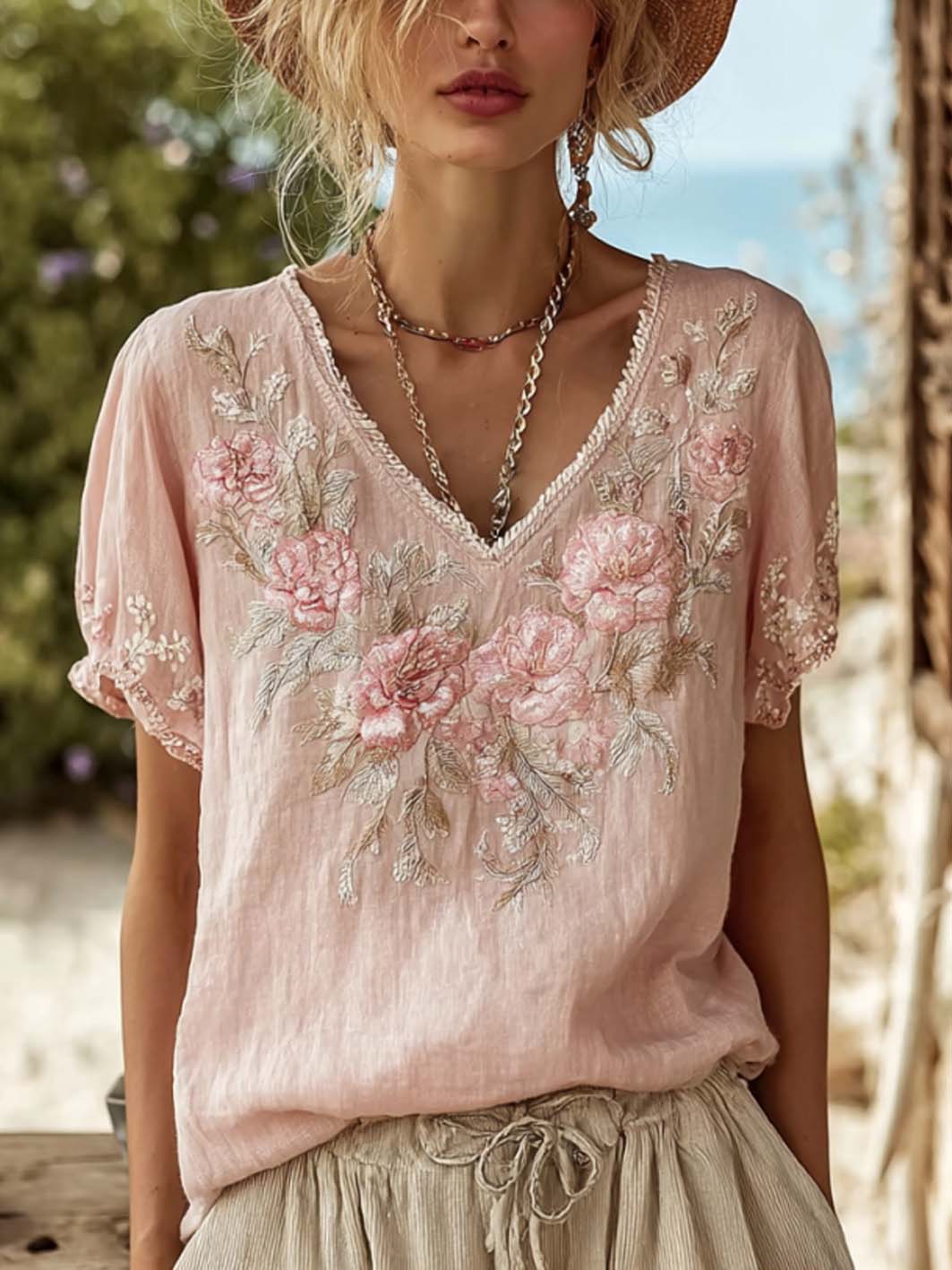 Women's retro pink floral pattern printed cotton and linen T-shirt