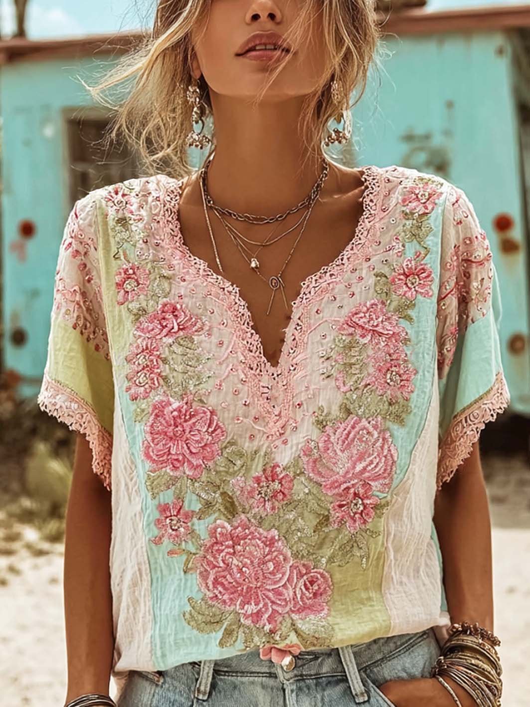 Women's retro pink floral pattern printed cotton and linen T-shirt