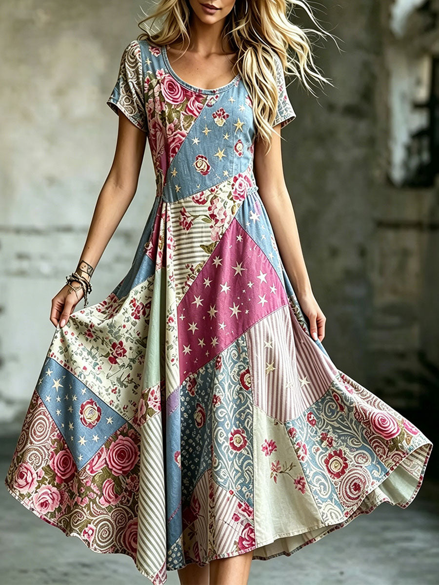 Women's Elegant Floral Cotton Linen Dress