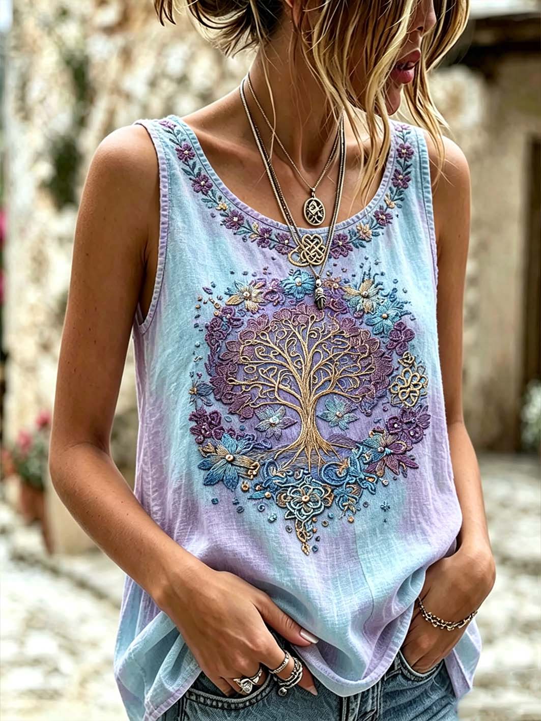 Women's retro Viking Norse mythology pattern printed casual linen vest