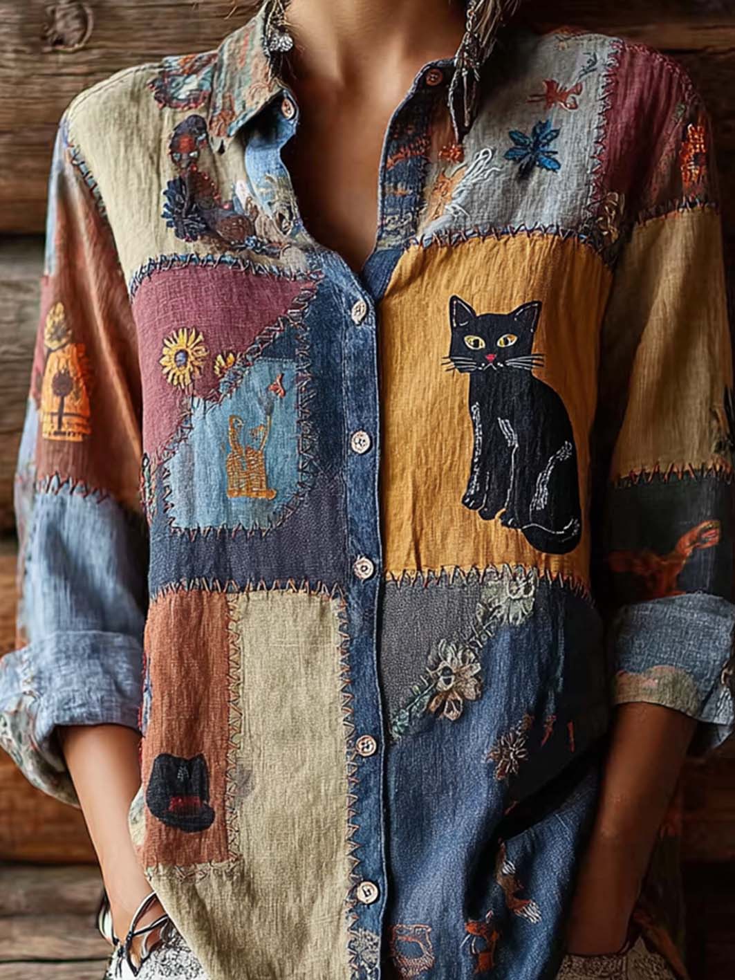Women's retro cute cat print casual shirt