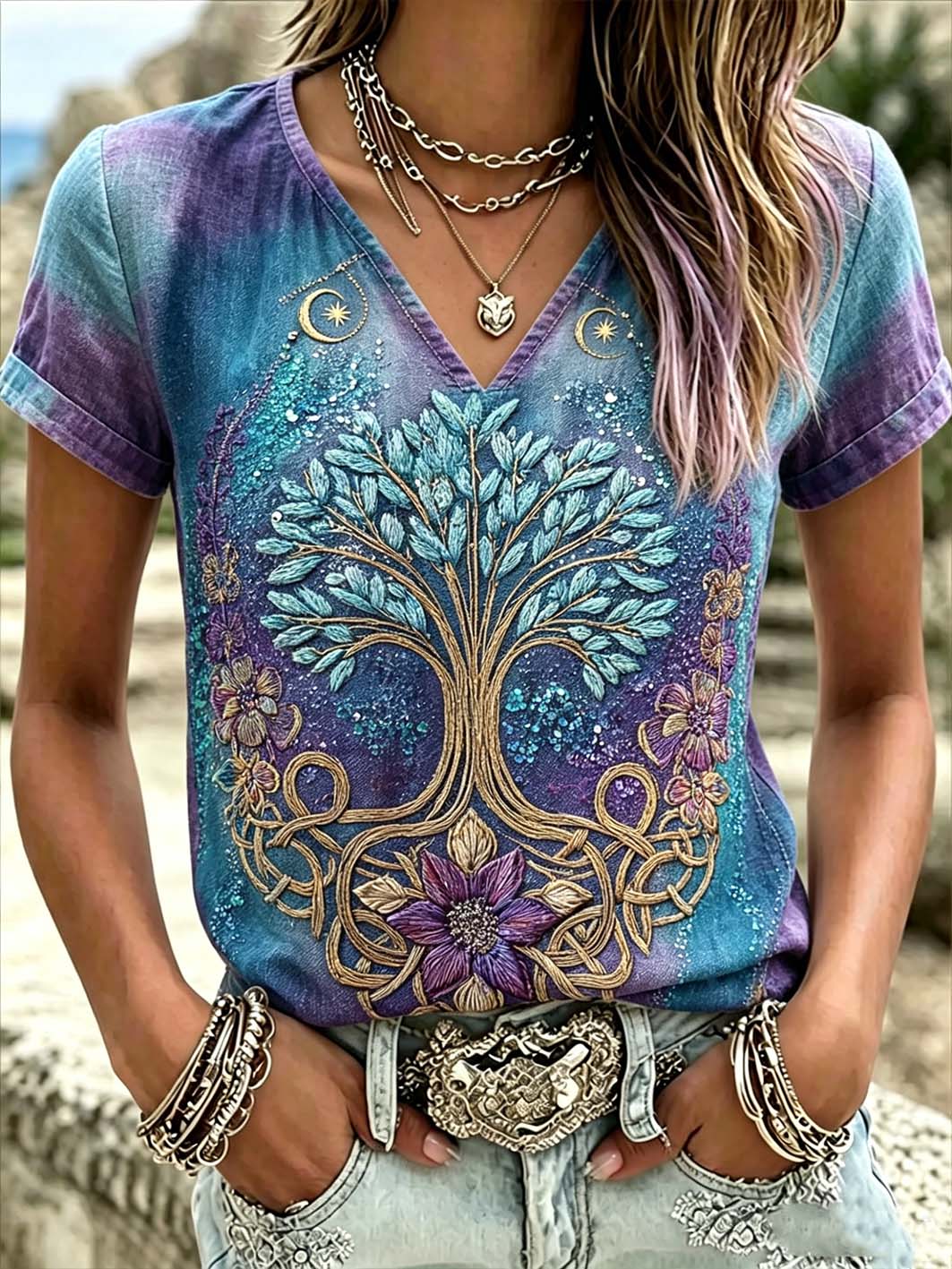 Women's Retro Nordic Mythology Viking Pattern Printed Linen Short-sleeved T-shirt