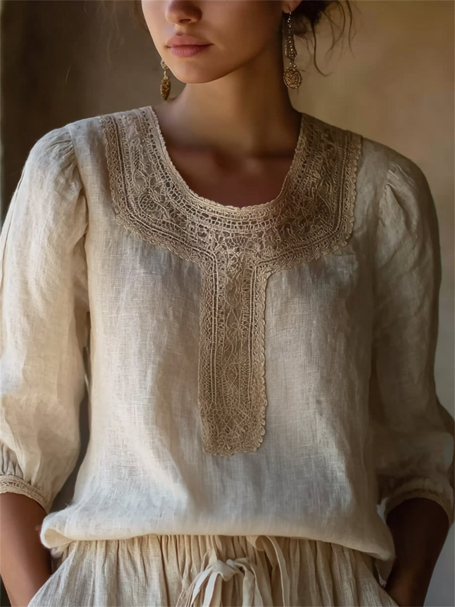 Women's Vintage Print Puff Sleeve Linen Tunic