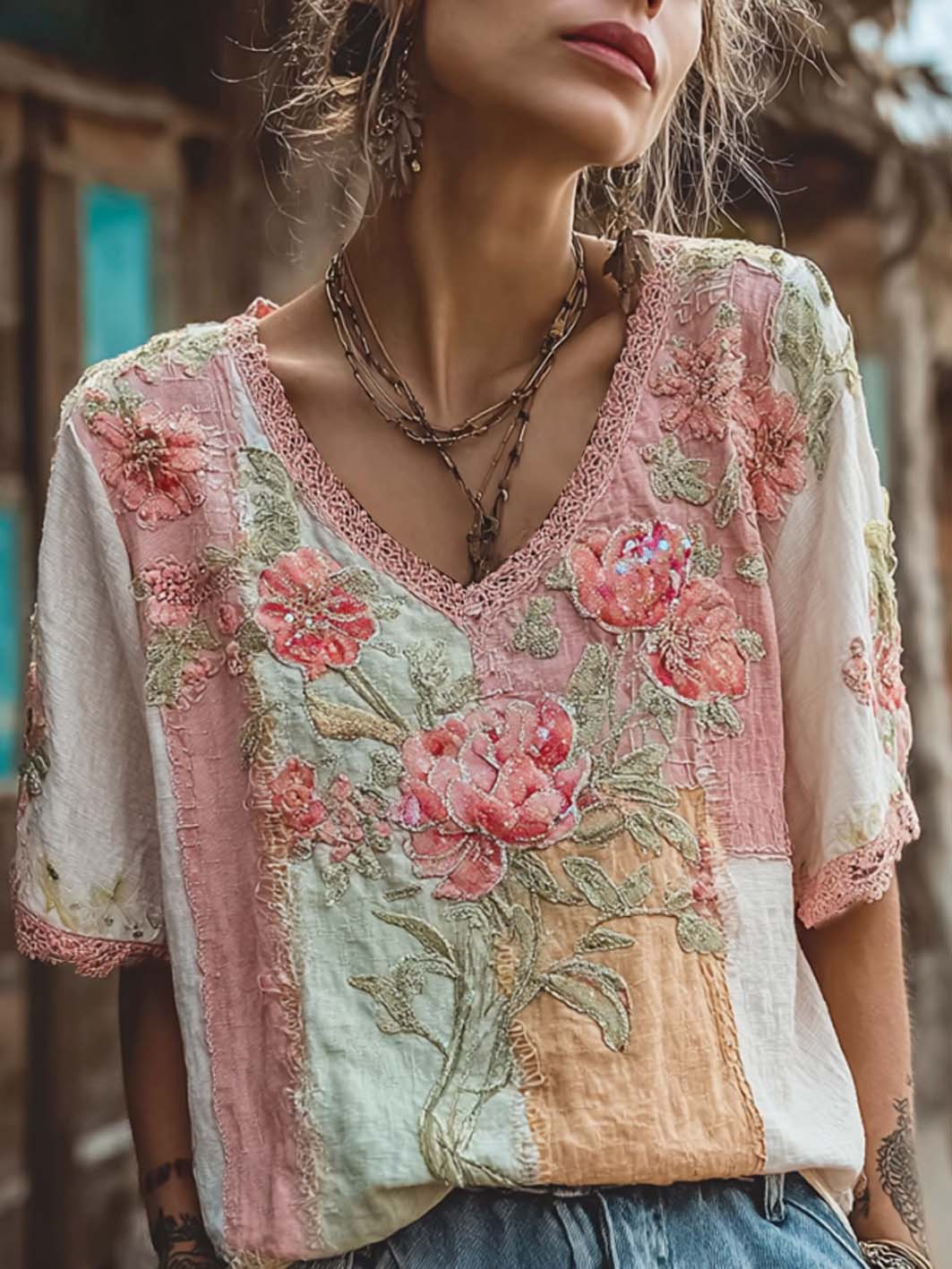 Women's retro pink floral pattern printed cotton and linen T-shirt