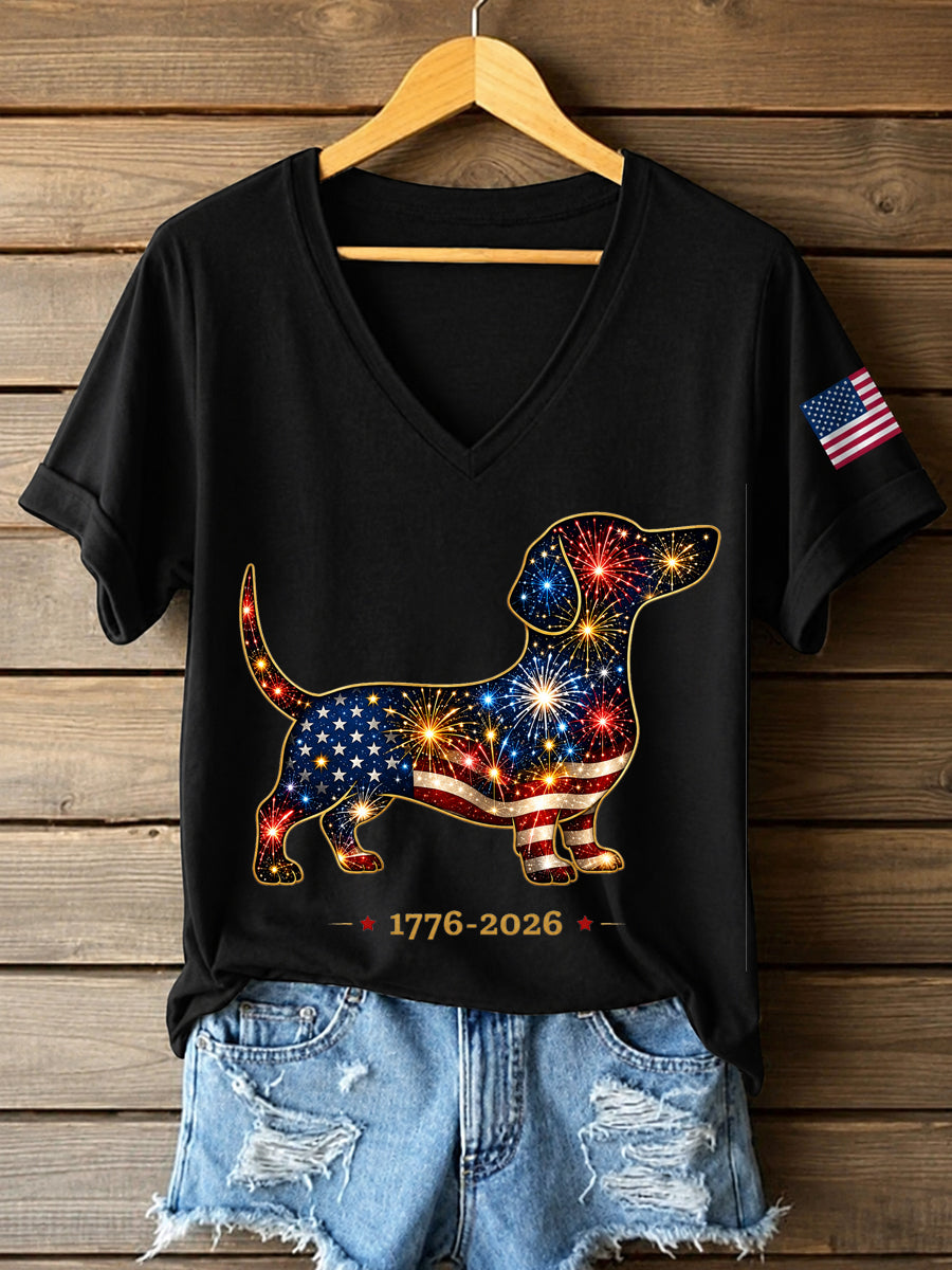 Women's Fireworks Dog Print Gift for Dog Lovers Casual V-Neck Tee