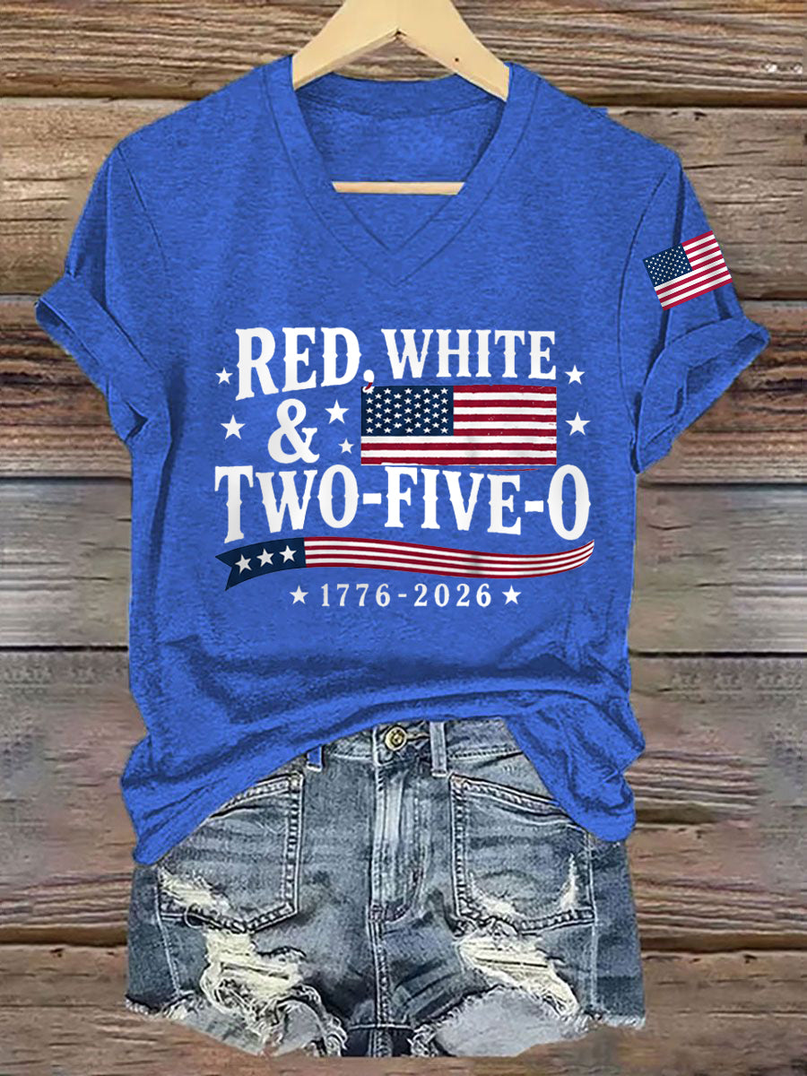 Women's Red White Two-Five-O USA Flag Print Casual Patriotic V-Neck Tee