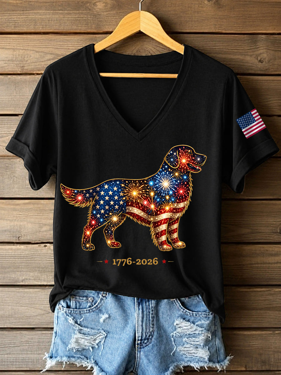 Women's Fireworks Dog Print Gift for Dog Lovers Casual V-Neck Tee