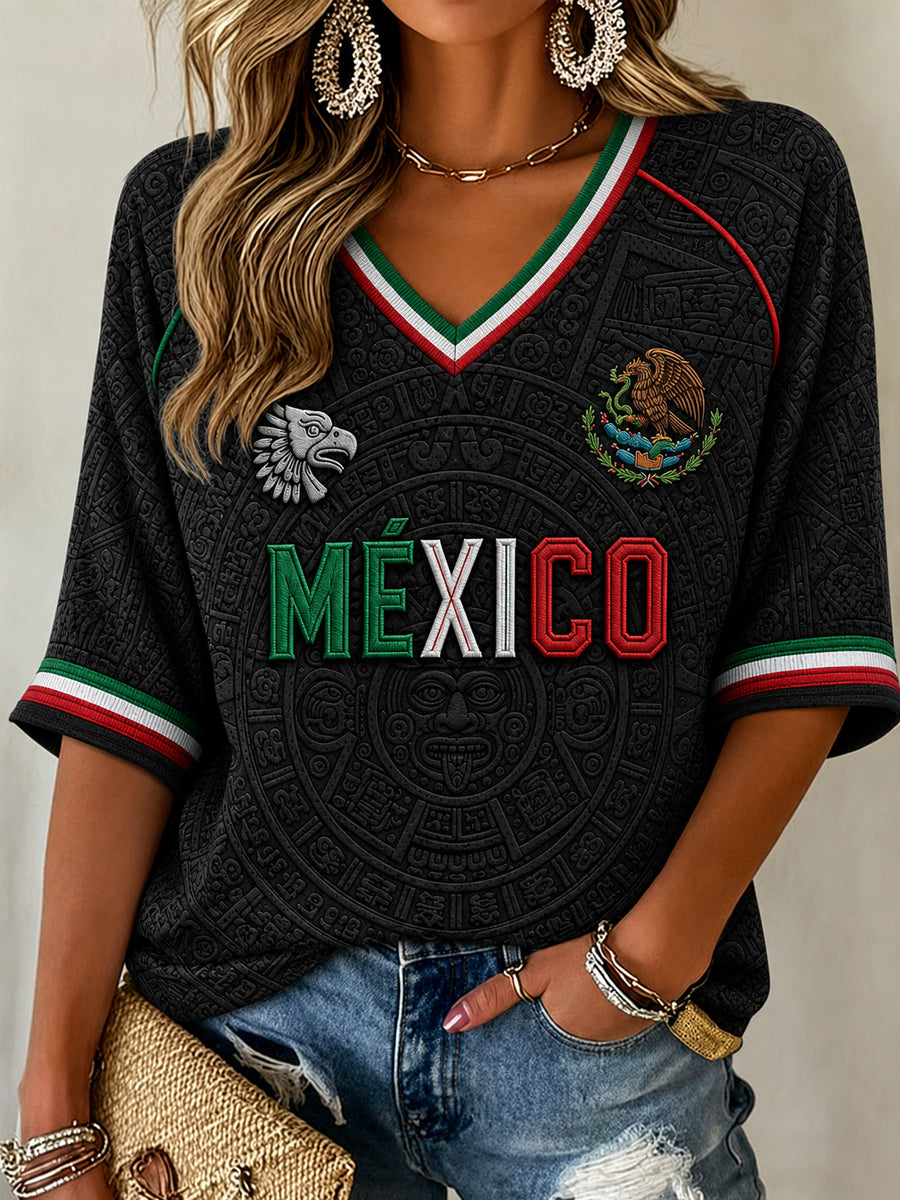 Women's Mexico Football Lover Art Mid-length Sleeves V-Neck T-Shirt