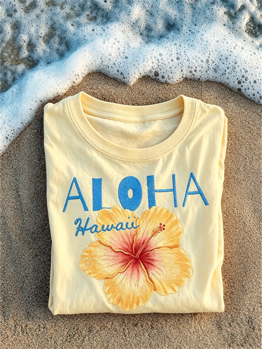 Women's Aloha Hawaii Yellow Hibiscus Print Vacation short-sleeved T-shirt