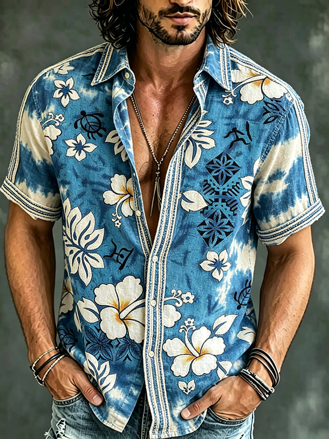 Men's Vacation Style Plant Flower Pattern Printed Casual Short Sleeve Shirt