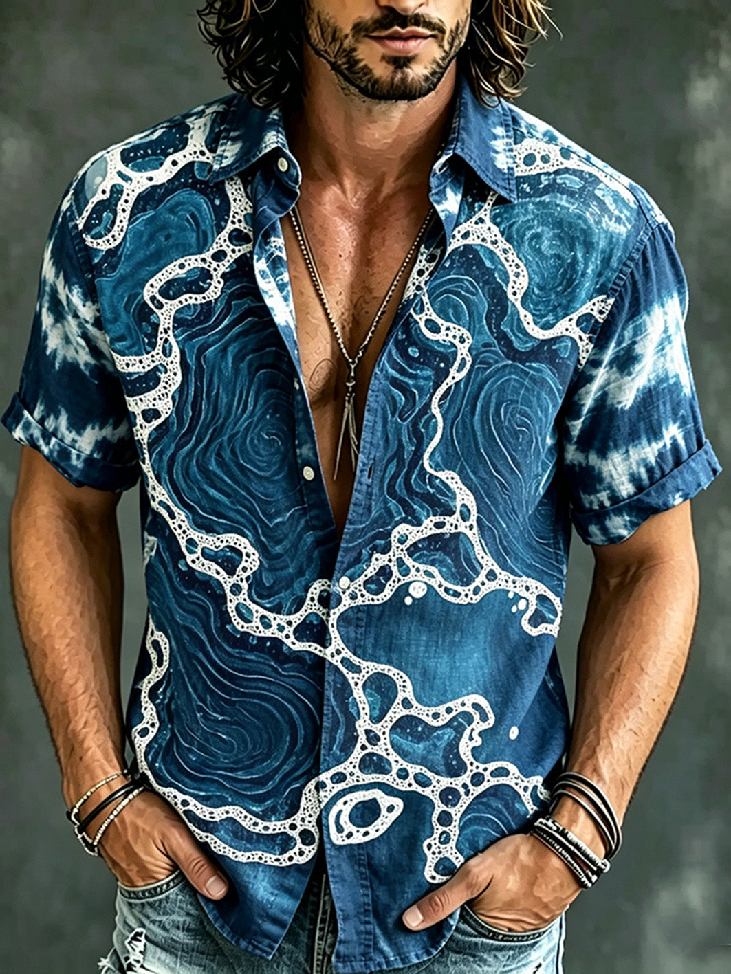 Men's Vacation Style Ocean Pattern Printed Casual Short Sleeve Shirt