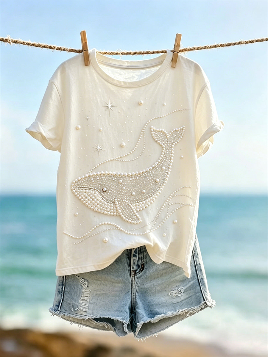 Women's Classy Pearl Whale Art Print Short-sleeved T-shirt