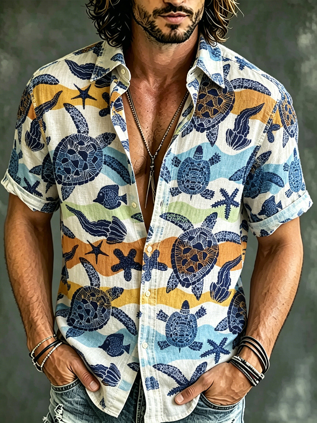 Men's Vacation Style Marine Life Pattern Printed Casual Short Sleeve Shirt