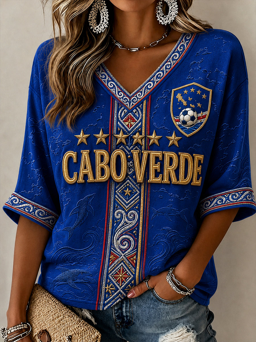 Women's Cape Verde Football Pattern Linen V-Neck Shirt