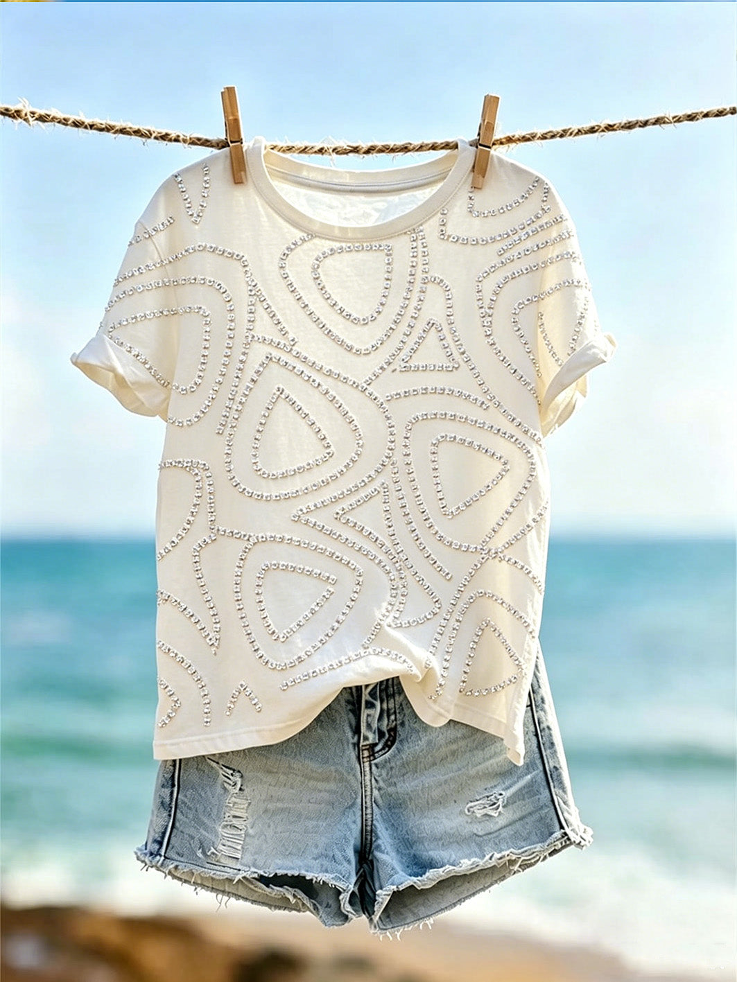 Women's vacation style geometric line pattern printed short-sleeve T-shirt
