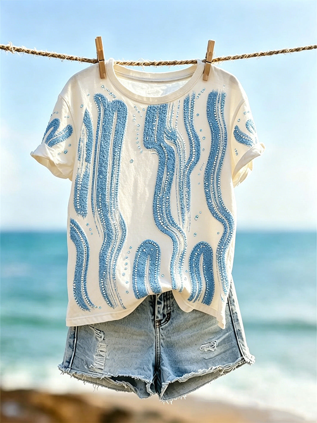Women's vacation style geometric line pattern printed short-sleeve T-shirt