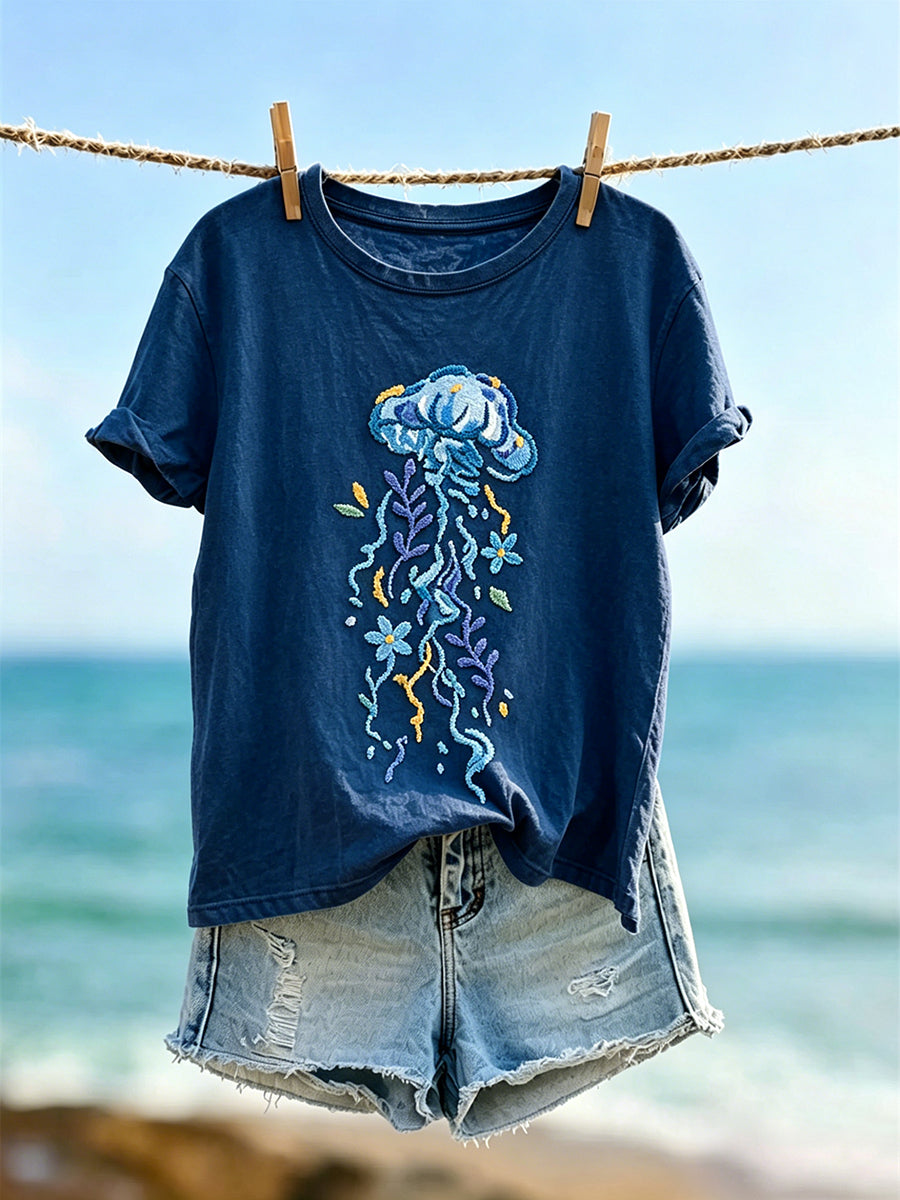 Women's Vintage Floral Jellyfish Art Print Short-sleeved T-shirt