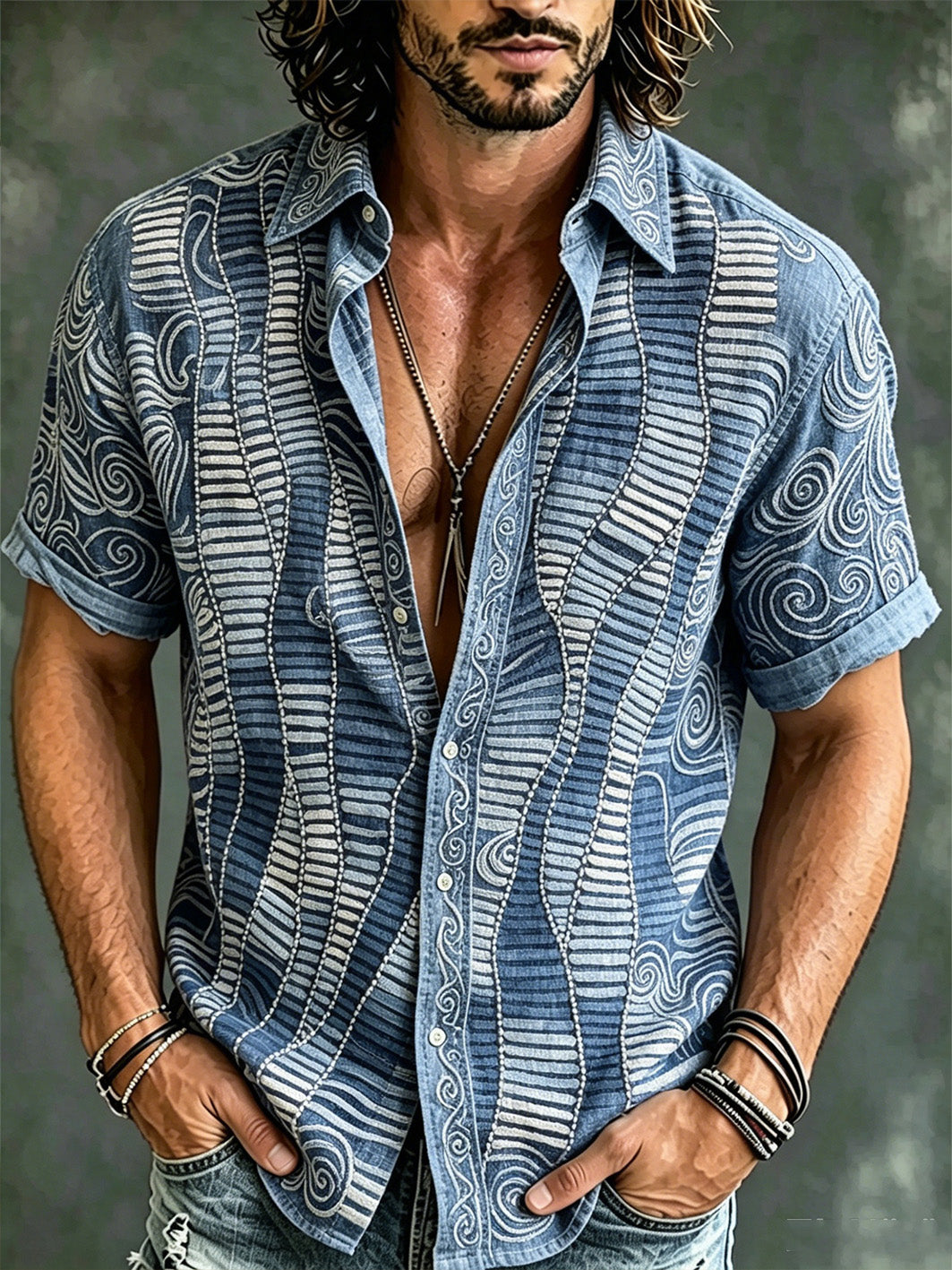 Men's Vacation Style Geometric Pattern Printed Casual Short Sleeve Shirt