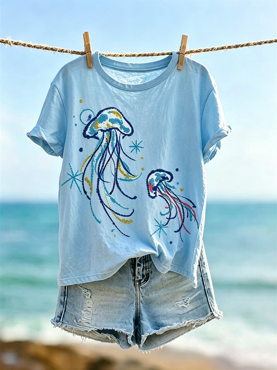 Women's Vintage Cute Floral Jellyfish Print Short-sleeved T-shirt