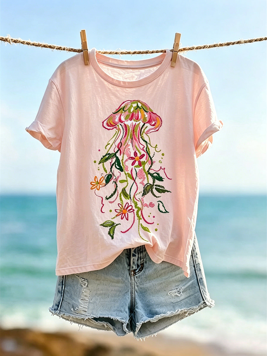 Women's Vintage Ocean Floral Jellyfish Art Print Short-sleeved T-shirt