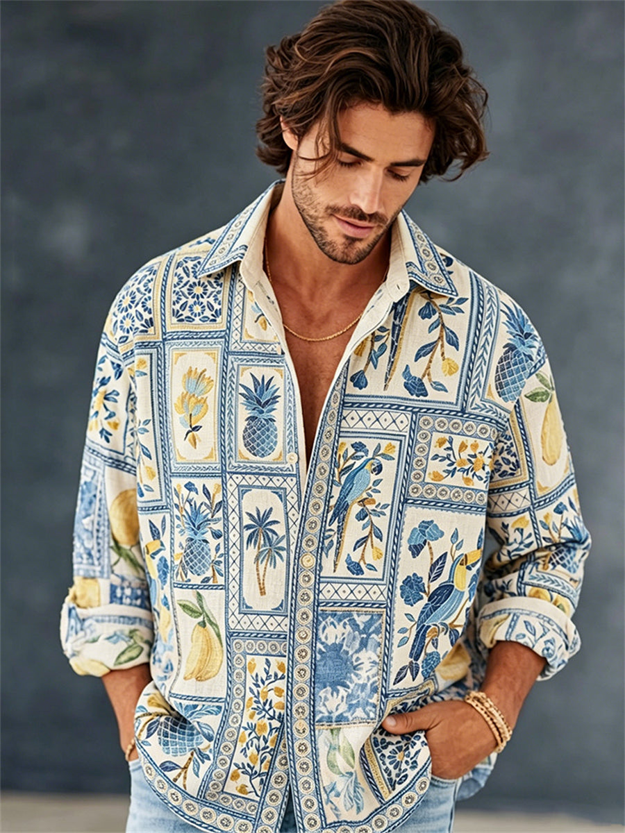 Men's Vintage Mediterranean Style Botanical Art Print Vacation Shirt