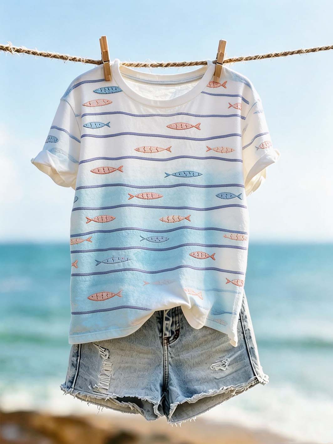 Women's Vacation Ocean Wind Pattern Printed Casual Washed T-shirt