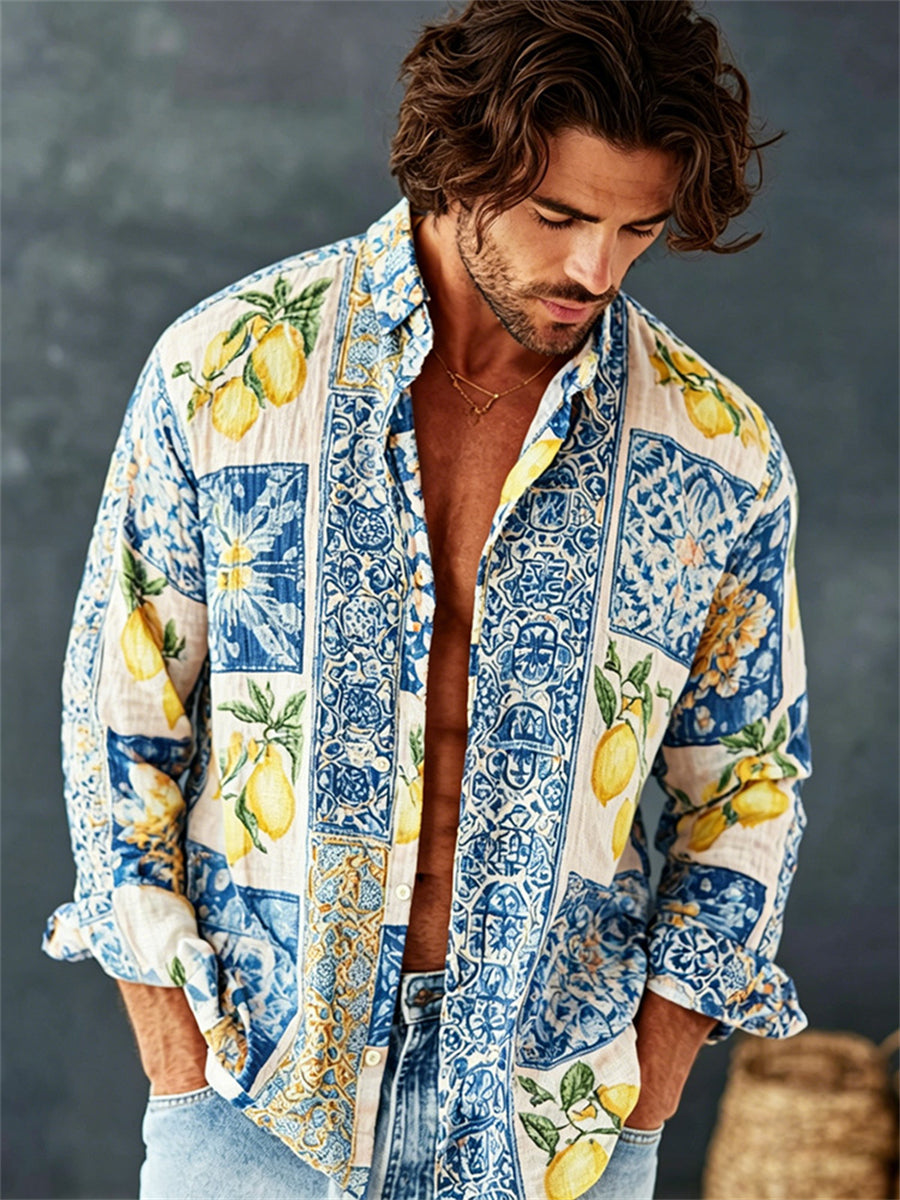 Men's Vintage Lemon Botanical Art Print Vacation Linen Shirt