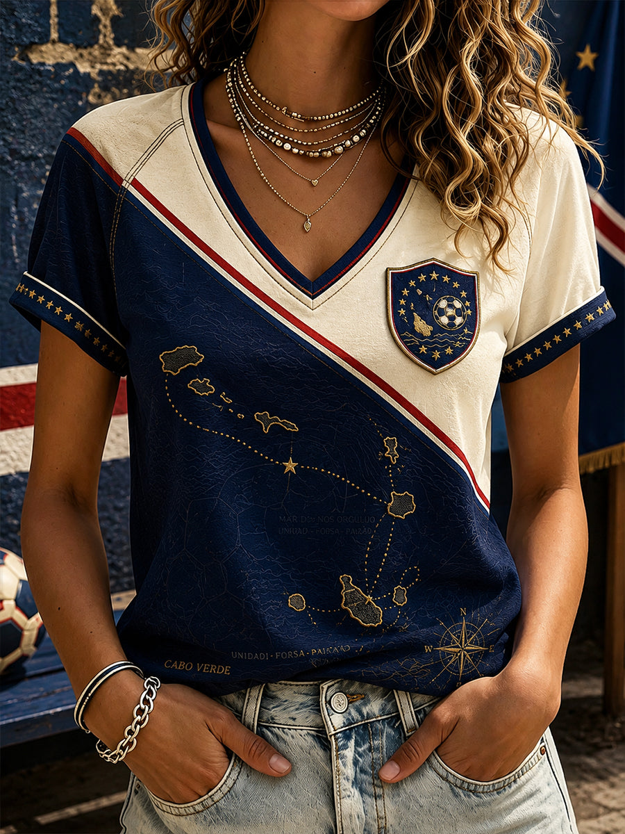 Women's Cape Verde Football V-Neck Off-Shoulder Short-Sleeved T-Shirt