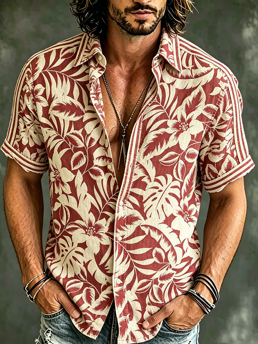 Men's Vacation Style Plant Flower Printed Casual Linen Short Sleeve Shirt