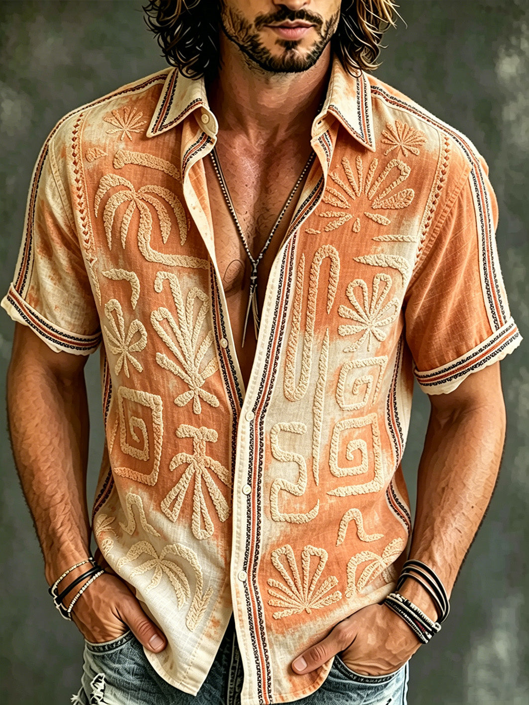 Men's Vacation Style Geometric Pattern Printed Casual Linen Short Sleeve Shirt