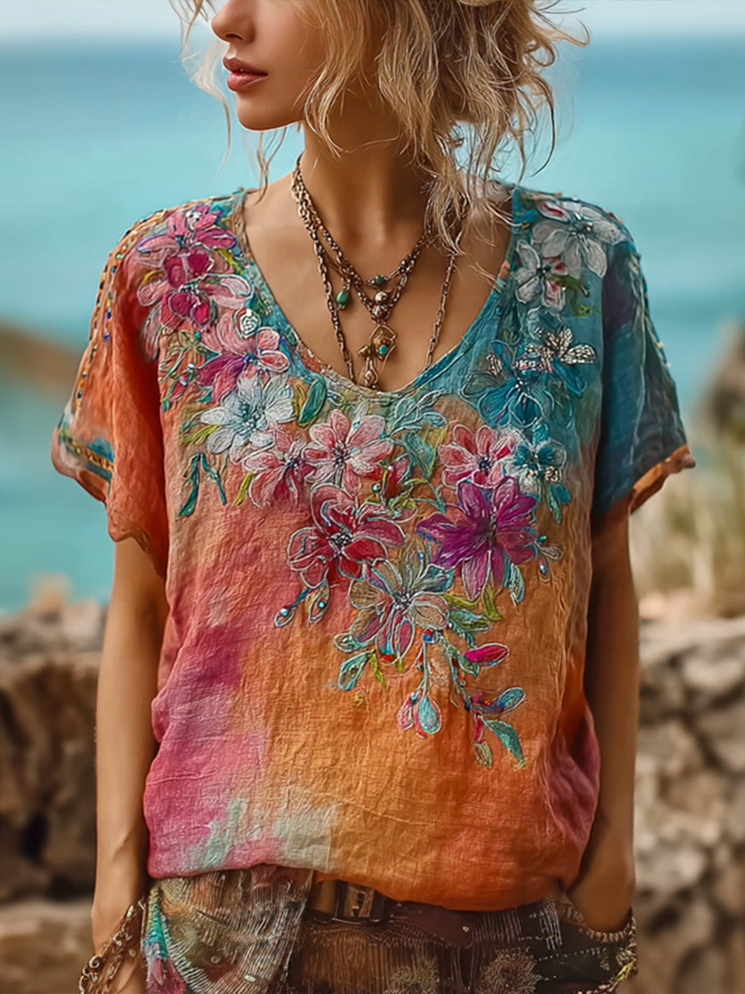 Women's oil painting style vacation and leisure short-sleeved T-shirt