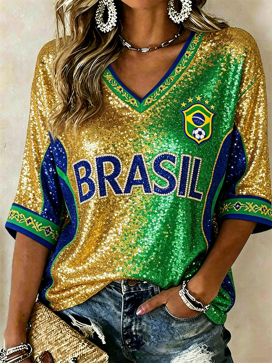 Women's Brasil Football Flag Gradient Glitter Print Mid-length Sleeves V-Neck T-Shirt