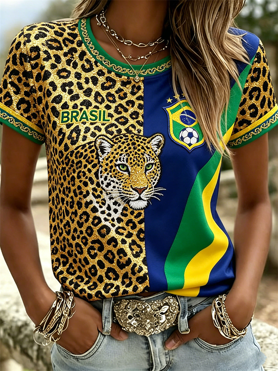 Women's Brasil Football Leopard Flag Colorblock Print short-sleeved T-shirt