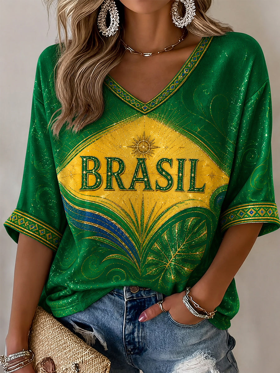 Women's Brasil Print Casual Half-Sleeves V-Neck T-Shirt