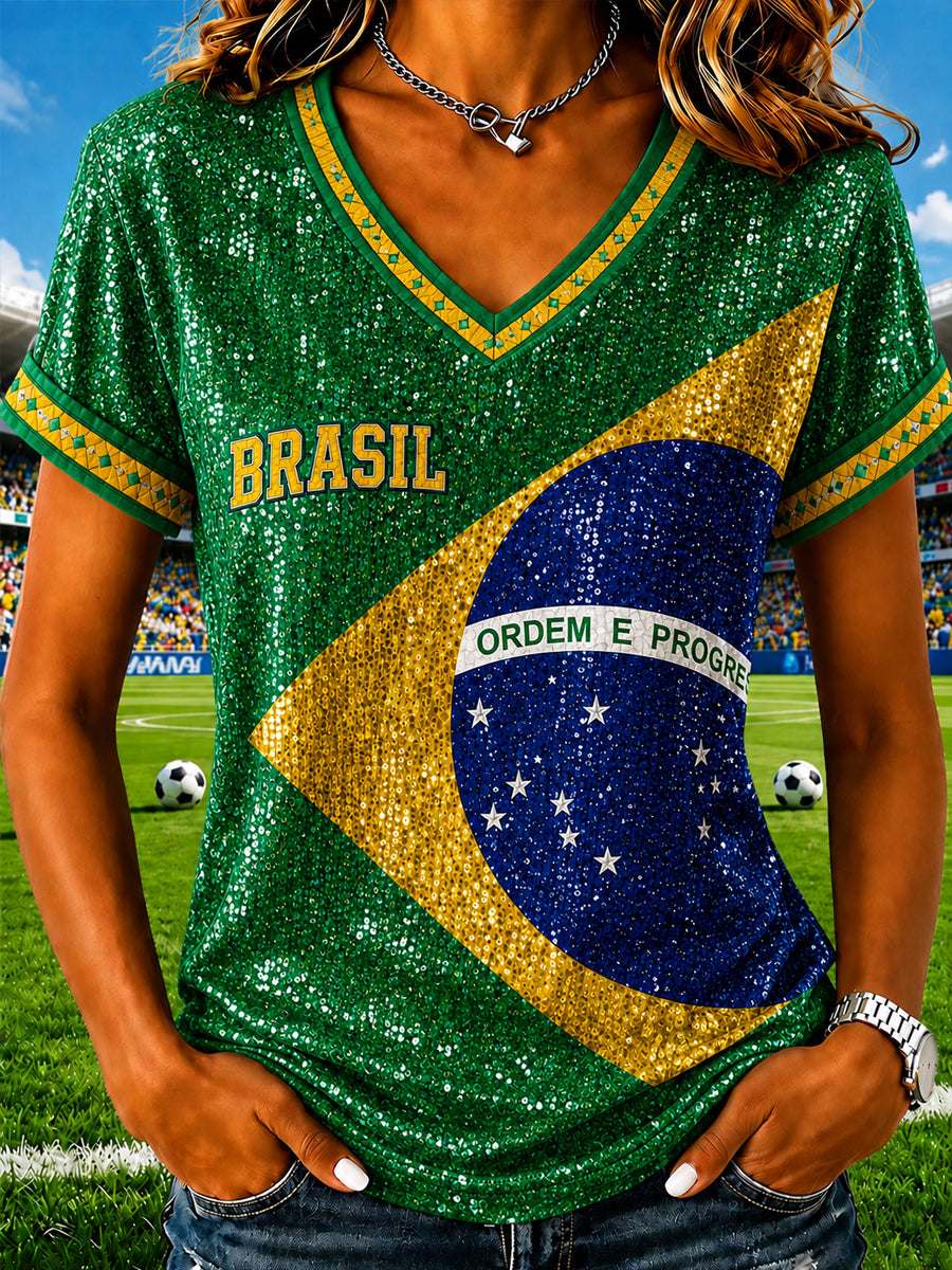 Women's Brazil Football Fan Gift Art Print V-neck Short Sleeve T-shirt