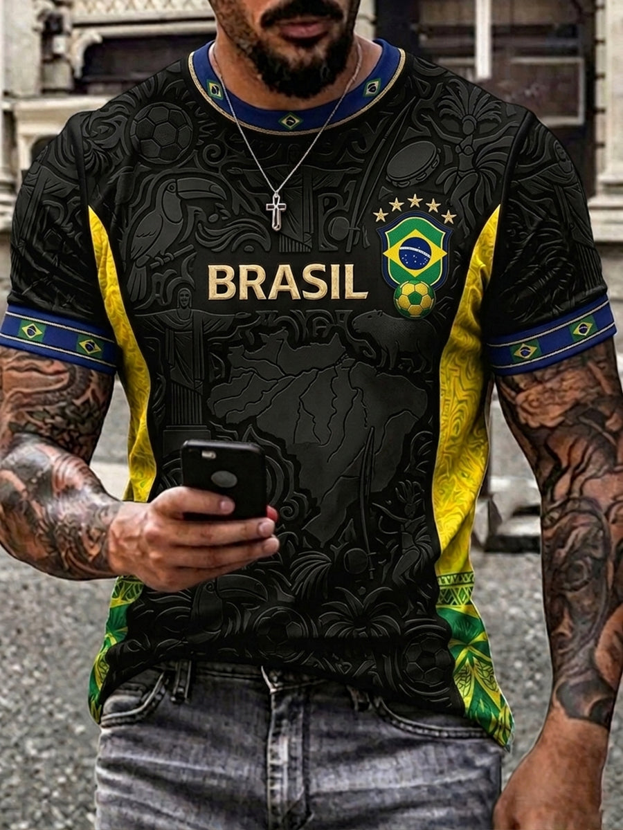 Men's Brazilian Football Inspired Pattern Print Short Sleeves T-shirt
