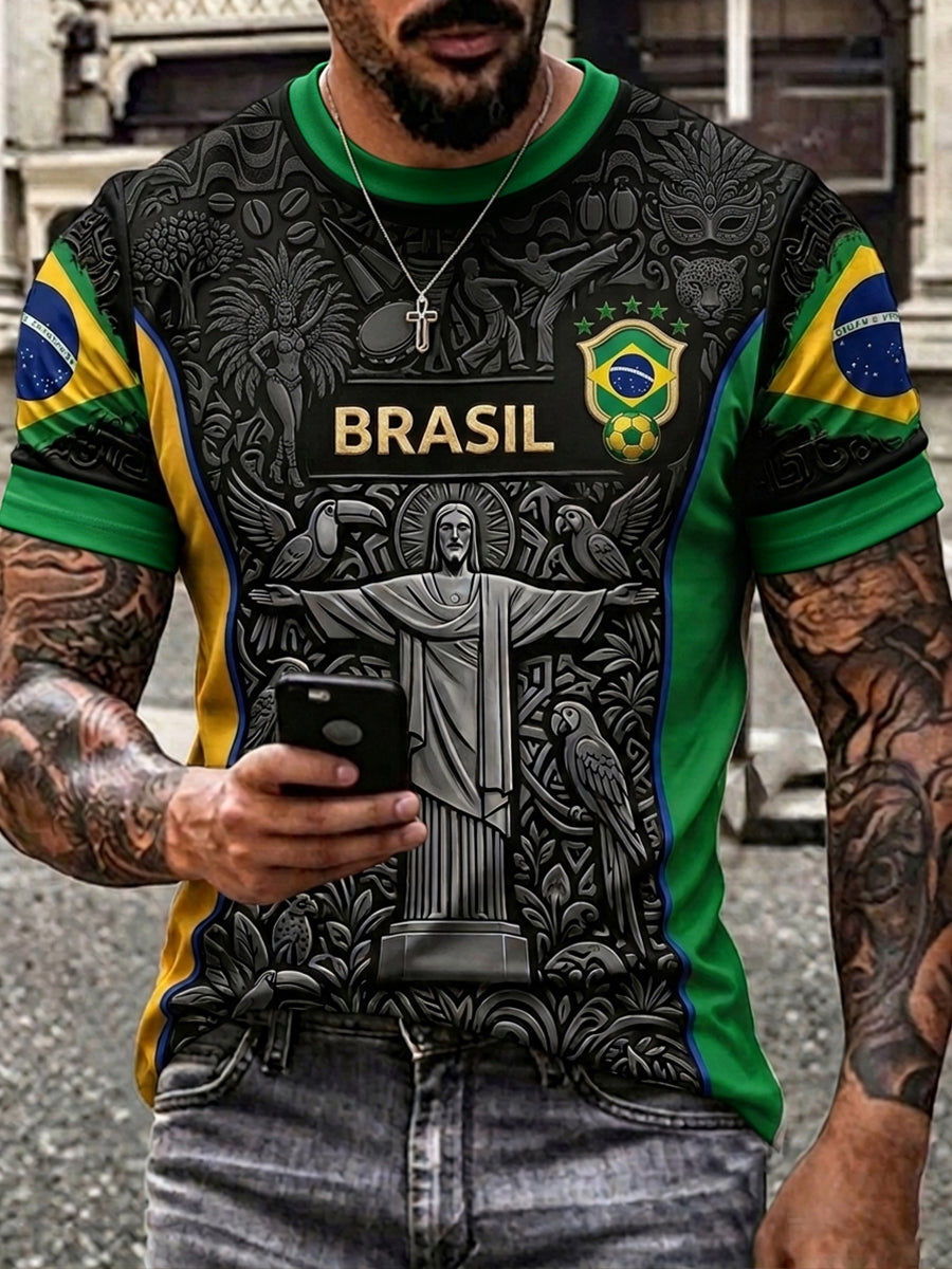 Men's Brazilian Football Inspired Pattern Print Short Sleeves T-shirt